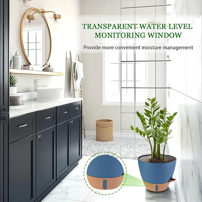 2 Pack 10 inch Plant Pots, Plastic Self Watering Planters with Drainage Holes, Deep Reservoir, Water Level Indicator, Modern Decorative Flower Pots for Indoor Outdoor Plants (Navy Blue, 10 inch)