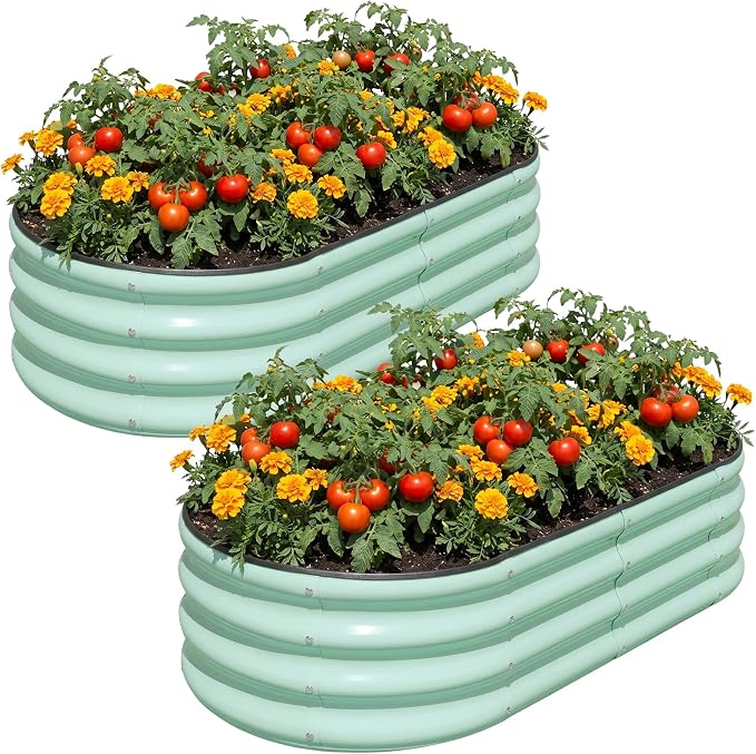 SnugNiture Galvanized Raised Garden Bed Outdoor, 2 Pcs 4x2x1ft Oval Metal Planter Box for Planting Plants Vegetables, Green