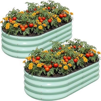 SnugNiture Galvanized Raised Garden Bed Outdoor, 2 Pcs 4x2x1ft Oval Metal Planter Box for Planting Plants Vegetables, Green