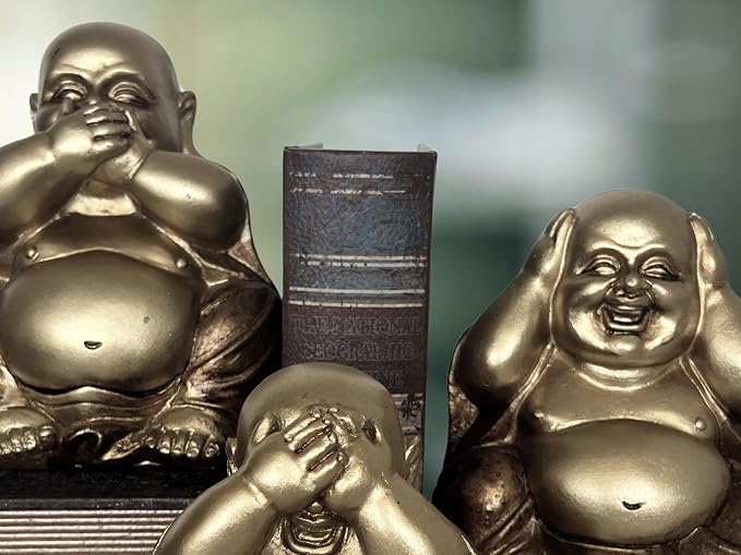 Bellaa Laughing Buddha Set of 3, Hear-No, See-No, Speak-No Evil, Happy Hotei Feng Shui Statue for Money Wealth Zen Chinese Buddhist Monk Budai Luck Happiness Gold 26058