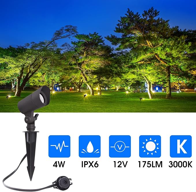 E ENERGETIC LIGHTING LED Landscape Lights with Connectors, 12V Low Voltage, Warm White 3000k, 4W, 175LM, Outdoor Waterproof Garden Pathway Lights Wall Tree Flag Spotlights with Spike Stand, 4 Pack