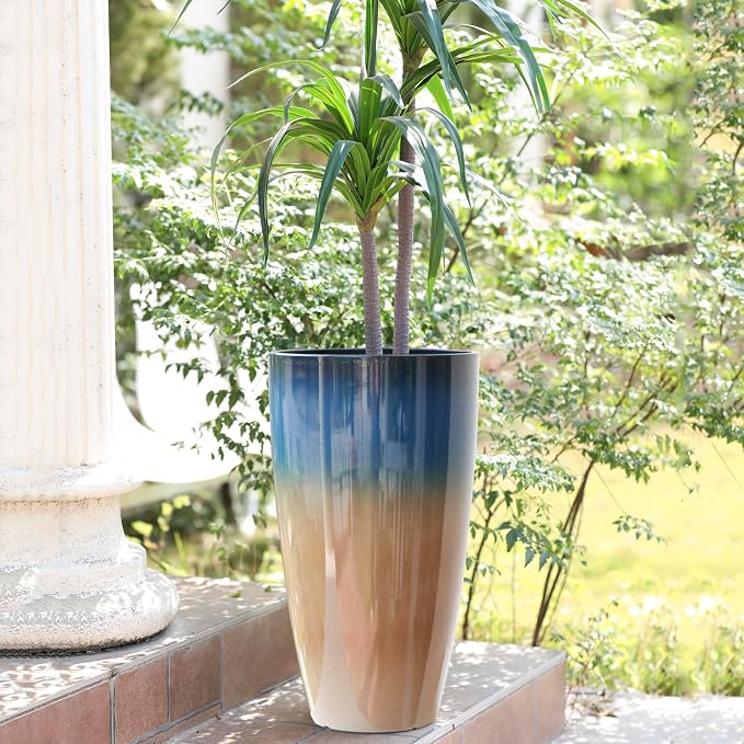 Tall Planters for Outdoor Plants, Heavy-Duty Plastic Lightweight Flower Pots Blue to Khaki Gradient Garden Pots Porch Planters Outdoor Set of 2 Gifts for Plant Lovers
