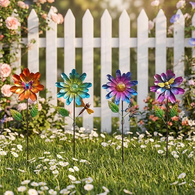 Calenzana Metal Flower Garden Stakes for Outside Set of 4, Flower Garden Decor with Shaking Head for Yard Porch Lawn Pathway, Multi-Color