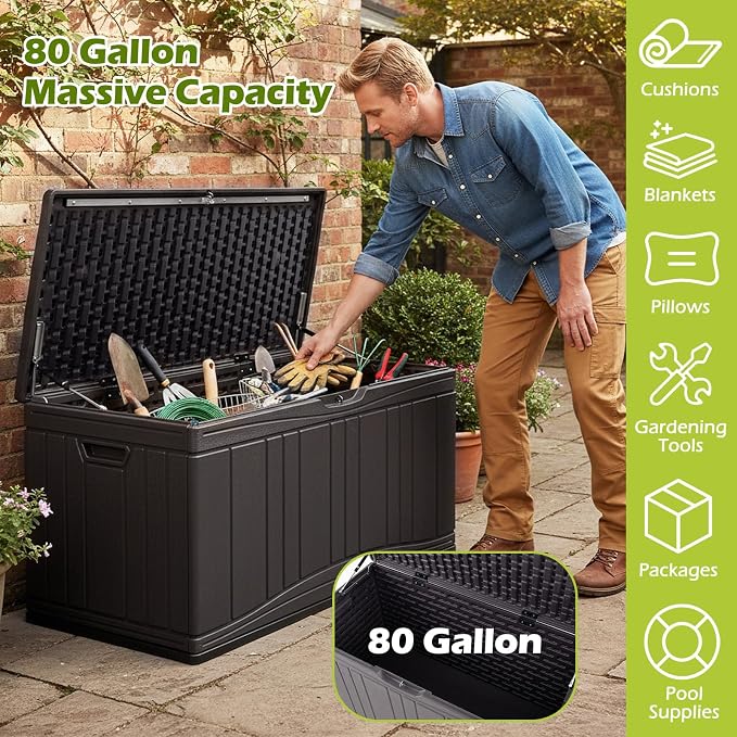 Tangkula 80 Gallon Outdoor Storage Box, Large HDPE Resin Patio Storage Box with Gas Struts & Lockable Lid, 2-in-1 Waterproof Deck Box for Package Delivery, Garden Tools, Outdoor Cushions