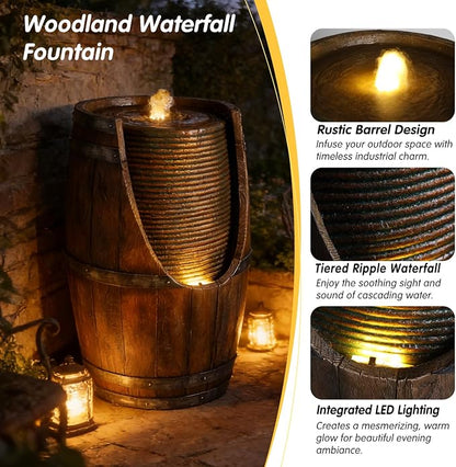 Outdoor Barrel Water Fountain with LED Lights, Rustic Wood Look Resin Waterfall Feature, Freestanding Garden Decor for Patio Yard Porch Deck Farmhouse Landscaping