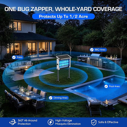 Solar Bug Zapper Outdoor Waterproof, 4500V High Power Cordless Mosquito Zapper with Smart Light Sensor, Dual Solar & USB Rechargeable Insect Killer for Patio, Garden, Backyard, Indoor & Outdoor Use