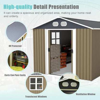 YOPTO 8x12 FT Outdoor Storage Shed, Metal Garden Shed with Window, Lockable Door & Sloped Roof, Large Waterproof Utility Tool Shed for Backyard, Garden, Patio, Lawn, Brown