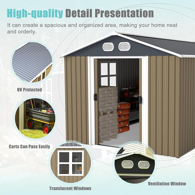 KEIKI 8x12 FT Outdoor Storage Shed, Heavy Duty Metal Garden Shed with Lockable Sliding Doors, Air Vents & Sloped Roof, Waterproof Backyard Tool Shed for Lawn Equipment, Patio Furniture, Brown