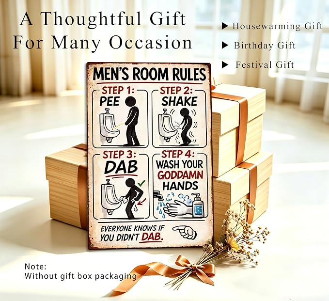Men's Room Rules Funny Metal Sign, Vintage Bathroom Humor Wall Decor, Retro Restroom Step Guide Plaque for Man Cave Garage Bar Home Bathroom Decor 8x12 Inch