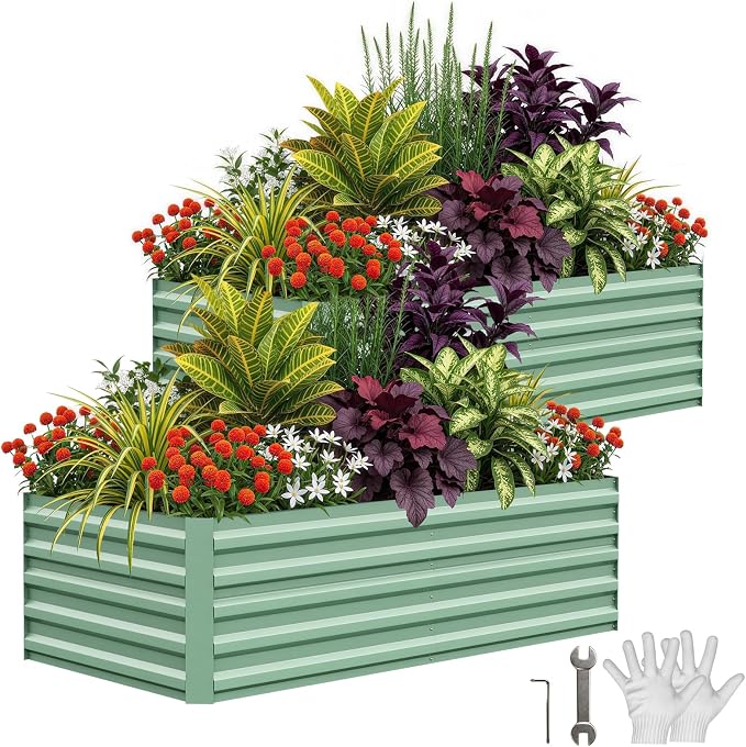Garvee 2PCS 6x3x2ft Galvanized Raised Garden Bed Outdoor,Rust-Resistant Raised Garden Beds for Gardening, Easy Assembly Outdoor Garden Box & Planters, Green