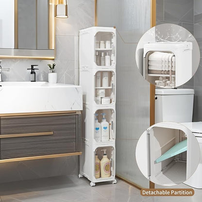 5-Tier Narrow Storage Cabinet Slim Bathroom Tall Skinny Organizer | Movable Slim Storage Cabinet with Lockable Rolling Wheels Adjustable Detachable Shelves Snap Assembly for Small Spaces,White