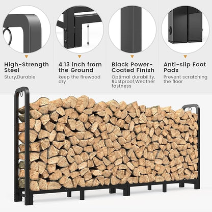 Mr IRONSTONE 8ft Firewood Rack Outdoor Indoor, Upgraded Heavy Duty Adjustable Fire Wood Rack Holds Up to 4500lbs, Fireplace Log Holder Wood Storage for Porch Patio, Easy Assembly