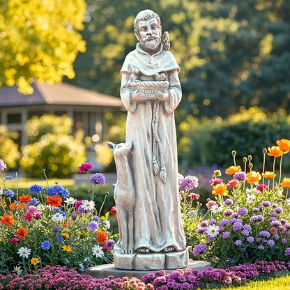St Francis Garden Statue, 36.2" Saint Francis Catholic Outdoor Statues, Large Religious Christian Sculpture Decor for Prayer and Meditation, Patron Saint of Animals Patio in Durable MGO Stone
