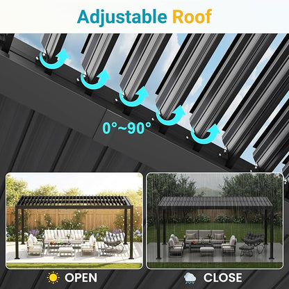 Louvered Pergola, 12' x 16' Outdoor Pergola, Aluminum Frame Patio Gazebo with Adjustable Louvers Roof and Integrated Gutter System, Outdoor Hardtop Gazebo for Patio, Backyard, Deck, Garden, Dark Gray