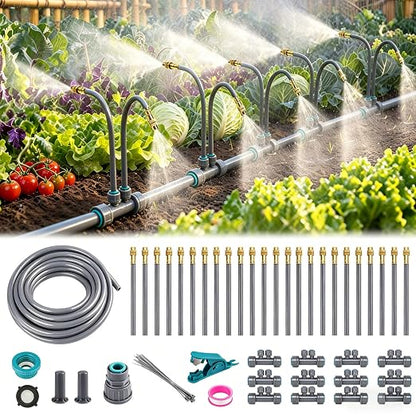 39 FT Drip Irrigation System - 360° Adjustable Garden Watering System | 24 Spray Nozzles, Double Head, Garden Atomizing Misting System, Irrigation System for Garden, Greenhouse, Yard, Lawn, Plants