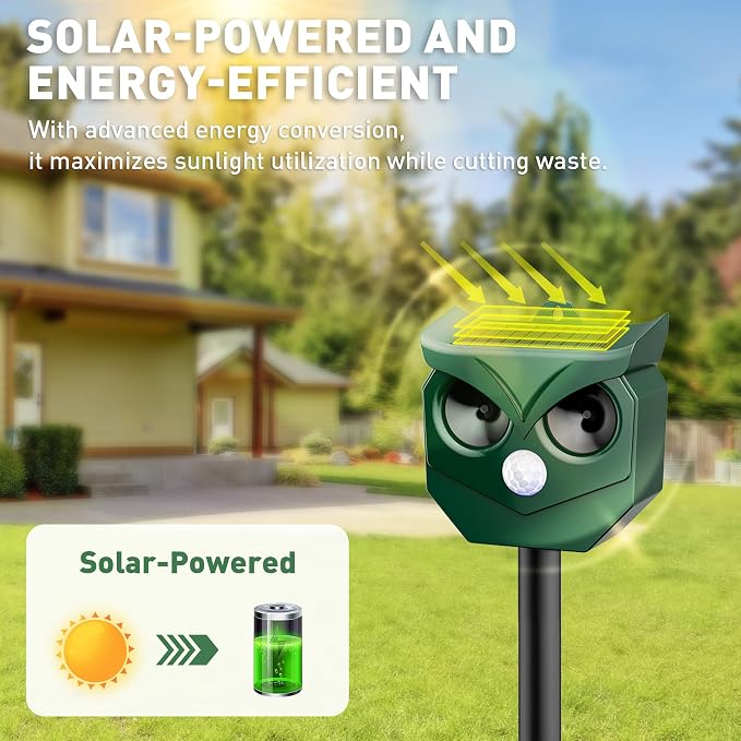 Solar Animal Deterrent Outdoor 2 Pack, Ultrasonic Motion Activated Repeller with LED Strobe, Waterproof for Unwanted Animals - Protect Garden Yard Lawn from Cats Squirrels Deer Raccoons Skunks