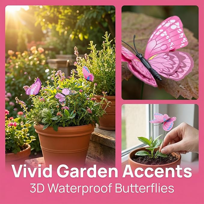 30PCS Pink Butterfly Decor Fake Butterfly Garden Picks for Outdoor Decor | 3D Double Layer Waterproof Butterfly Decorative Garden Stakes for Flower Arrangements Outdoor Indoor Spring Garden Decor