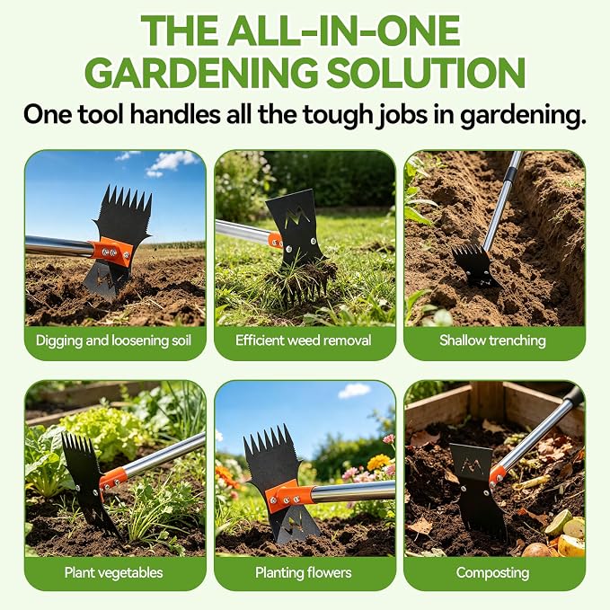 Weed Puller Tool, 60" Stand Up 2-in-1 Weed Rake & Garden Hoe | 7-Tine Heavy Duty, 60" Adjustable Handle, Cast Steel Head, Rust-Resistant, for Dandelion Crabgrass, Yard Lawn Garden