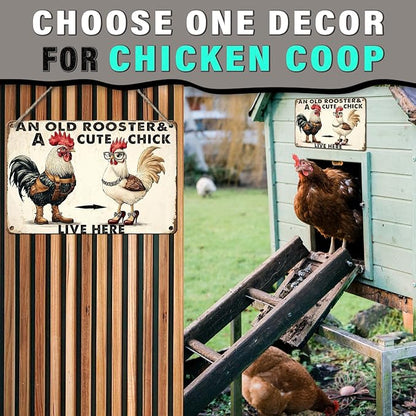 PEACHGARDEN Funny Chicken Metal Sign An Old Rooster A Cute Chick Live Here Vintage Tin Sign for Home Farm Chicken Coop Farmhouse Kicthen Garden Decor 8X12inch