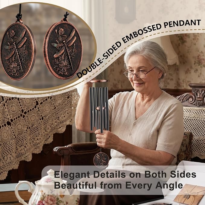 34" Dragonfly Wind Chimes for Outside, Deep Tone Garden Decor | Deep B tones, adjustable striker, weather-resistant finish, double-sided dragonfly, gift boxed and ready to hang