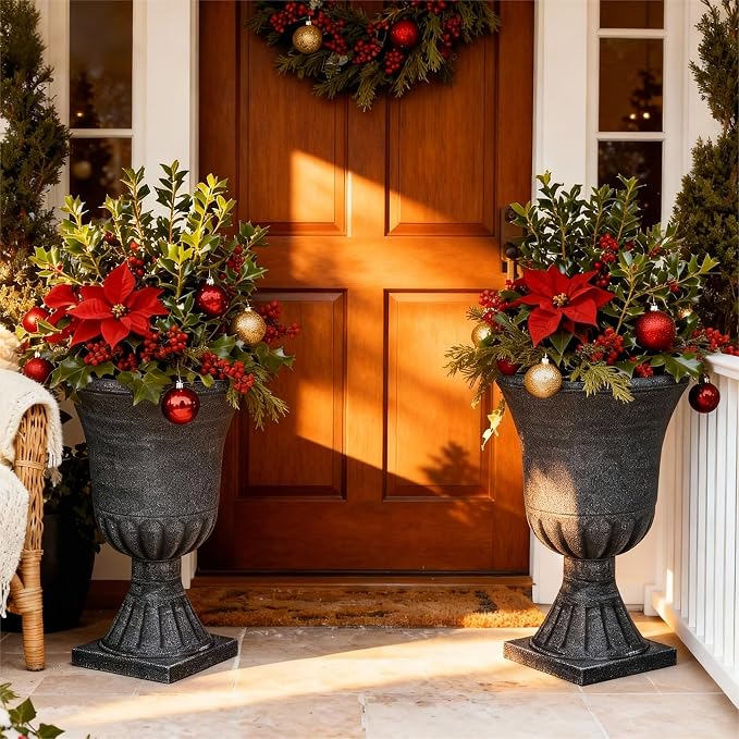 Autodaya 22" Tall Urn Planters for Outdoor Plants Set of 2 Large Flower Pot | 3D Textured Washed Black Pedestal Outdoor Planters, Weather-Resistant Plastic Plant Pot for Porch, Patio, Garden & Indoor Use