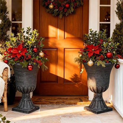Autodaya 22" Tall Urn Planters for Outdoor Plants Set of 2 Large Flower Pot | 3D Textured Washed Black Pedestal Outdoor Planters, Weather-Resistant Plastic Plant Pot for Porch, Patio, Garden & Indoor Use