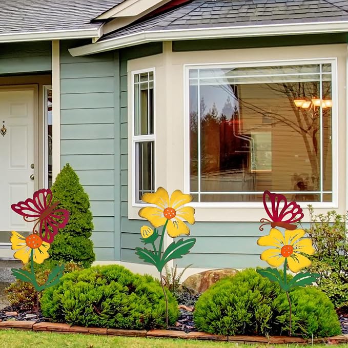 3 Pack Butterfly&Flower Metal Flowers for Outside & Decorative Garden Stakes - Metal Yard Art Outdoor and Garden with Rustproof Design | Spring Lawn Ornaments for Porch,Backyard，Patio