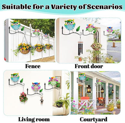 Metal Birds Wall Art Decor with Hanging Hooks, 3D Colorful Bird Outdoor Hanging Wall Art Patio Fence Decorations, Plant Bracket for Planters Wind Chimes Lanterns Garden Patio Decor (Owl)