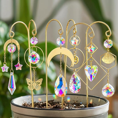 6pcs Crystal Suncatchers with Gold Small Trellis for Mini Potted Plants | Indoor Plant Accessories,7'' Garden Stakes Sun Catchers For Home Whimsical Decor,Christmas Gift for Gardening Enthusiasts