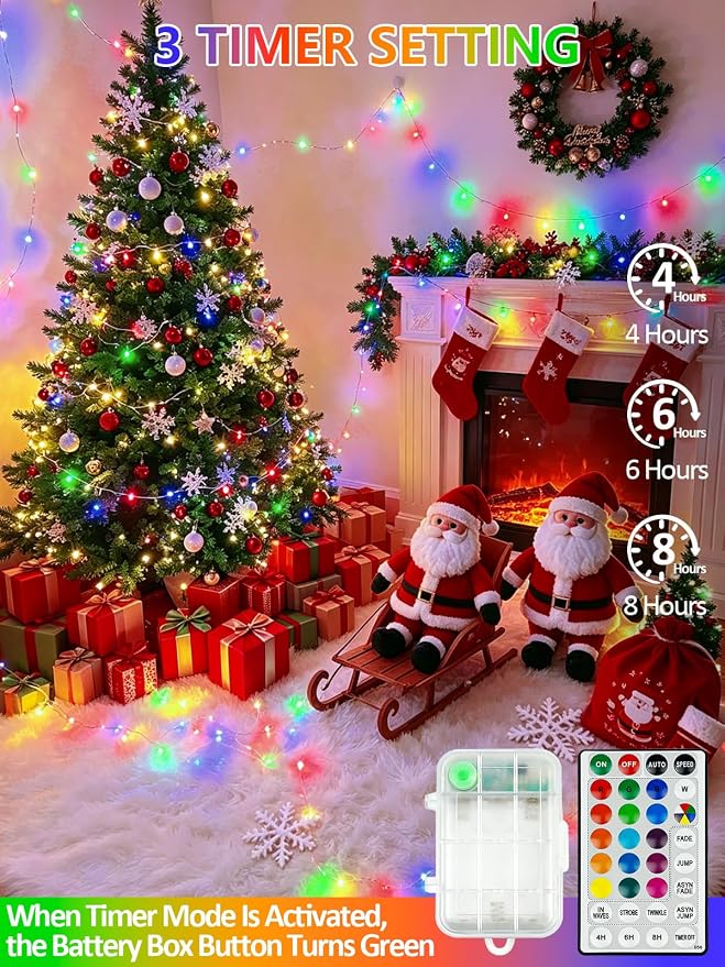 2 Pack Color Changing Fairy Lights Battery Operated, 40FT 120LED Christmas Lights with Remote & Timer, Waterproof Battery & USB RGB String Light for Indoor Outdoor Halloween Christmas Decorations