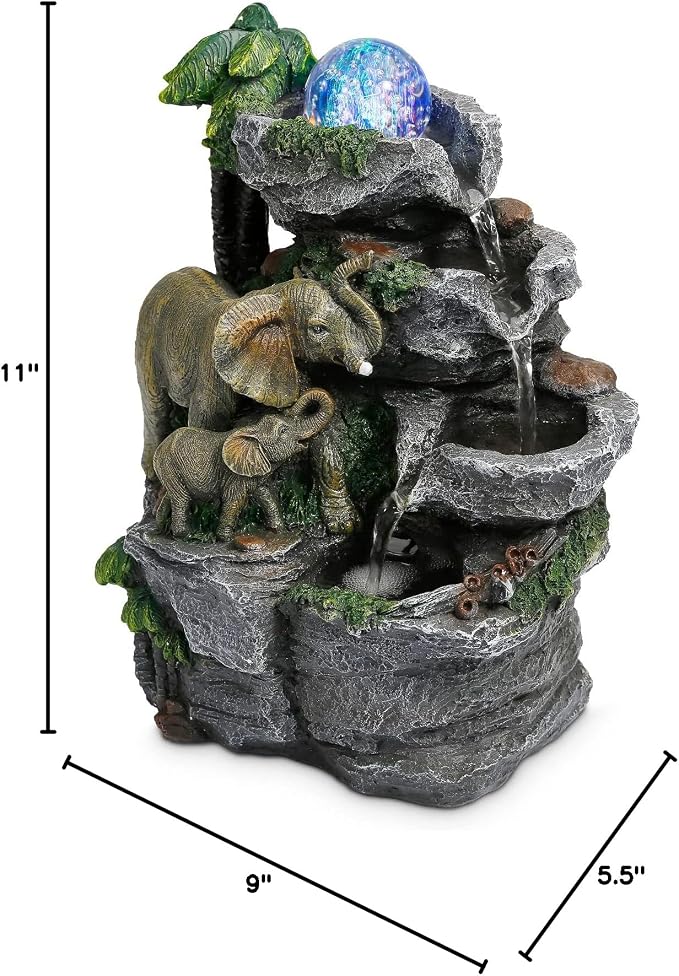 Dyna-Living Elephant Fountain Tabletop Waterfall Fountain Indoor with LED | Colorful Light Water Fountains and Waterfalls with Rolling Ball, Quiet Pump with OFF/ON Switch, Zen Home & Office Desk Décor