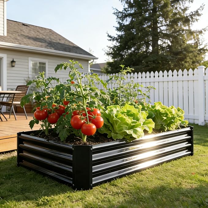 Metal Galvanized Raised Garden Bed Kit, 4 x 2 x 1 ft Galvanized Steel Raised Garden Planter Box Outdoor with Open Base for Growing Vegetables/Flowers/Herbs/Fruits/Succulents, Rectangle, Black
