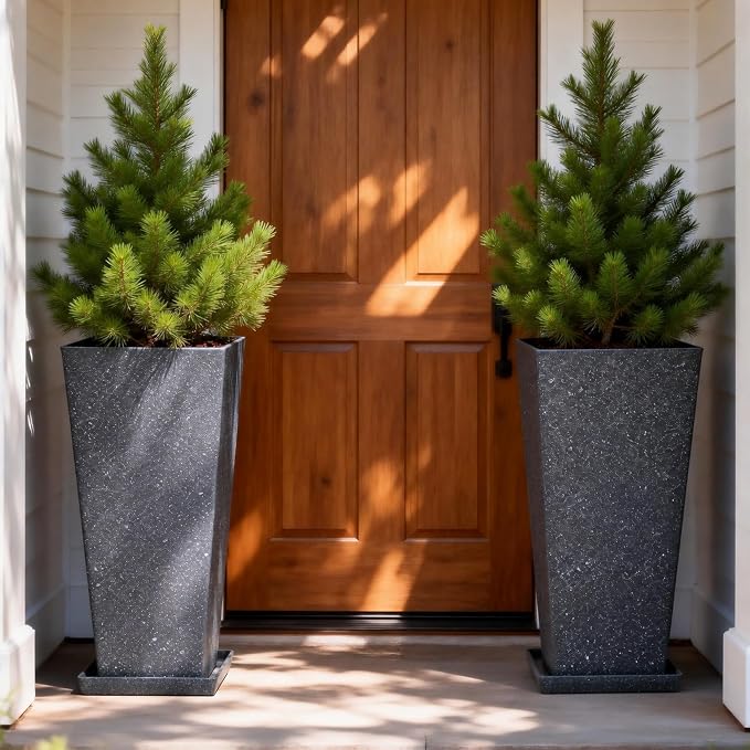 Autodaya 28" Tall Planters Set of 2 Black Terrazzo Plastic Flower Pots | Large Weather-Resistant Planters for Patio, Porch, Garden, Front Door, Indoor Spaces, and Christmas Decor