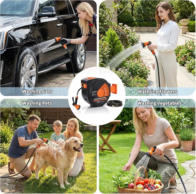 1/2 in x 65 ft Retractable Garden Hose Reel, Wall Mounted, 9-Function Nozzle, Any Length Lock, 180° Swivel, Auto Slow Rewind for Watering Lawn, Washing Car, Cleaning Patio