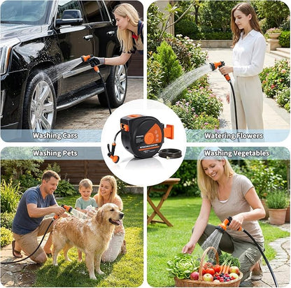 1/2 in x 65 ft Retractable Garden Hose Reel, Wall Mounted, 9-Function Nozzle, Any Length Lock, 180° Swivel, Auto Slow Rewind for Watering Lawn, Washing Car, Cleaning Patio