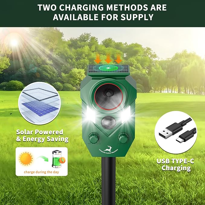 Solar Deer Repellent Devices Outdoor - Ultrasonic Animal Repellent with Motion Sensor & Strobe Lights, 4 Pack Waterproof Cat Repellent Outdoor, Repels Raccoon, Coyote for Garden & Lawn