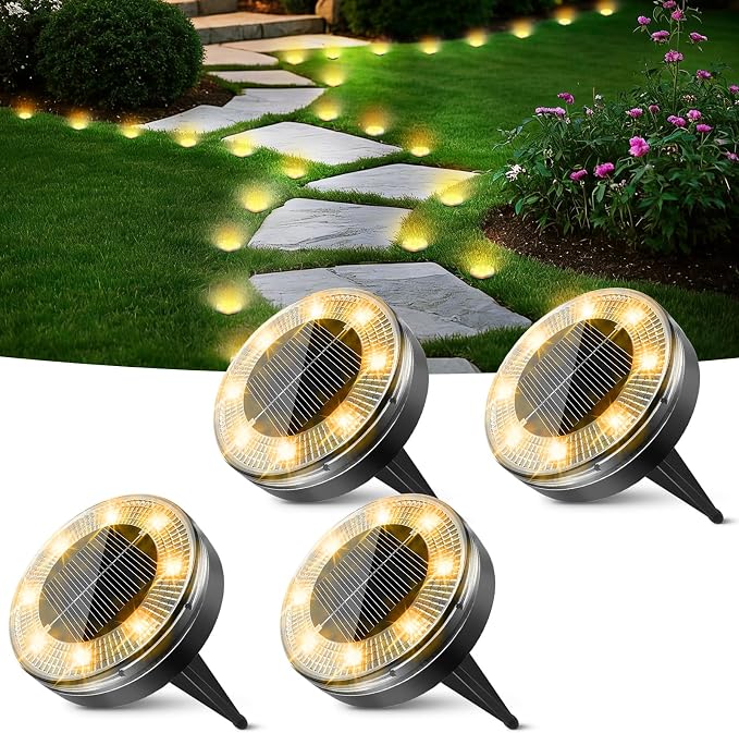 Peasur Mini Solar Ground Lights, 4 Pack Flat Solar Disc Lights Outdoor Waterproof, 2.3 Inch Small Solar Garden Lights Landscape Lighting for Outside Pathway Garden Yard Lawn Walkway,Warm White