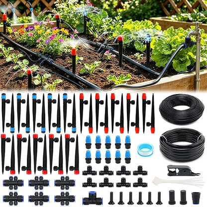 230FT Quick-Connect Drip Irrigation System Kit - 33FT 1/2" Main Tube & 197FT 1/4" Drip Line, Automatic Garden Watering System with Adjustable Emitters & Nozzles for Garden, Greenhouse, Yard, Lawn