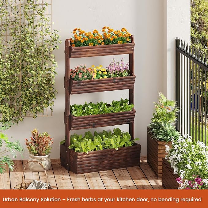 GHWIE Wooden Garden Planter Box, Raised Bed with Vertical Plant Rack, Indoor Outdoor Flower Herb Vegetable Stand (Carbonized, 4 Tier)