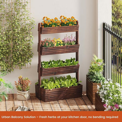 GHWIE Wooden Garden Planter Box, Raised Bed with Vertical Plant Rack, Indoor Outdoor Flower Herb Vegetable Stand (Carbonized, 4 Tier)