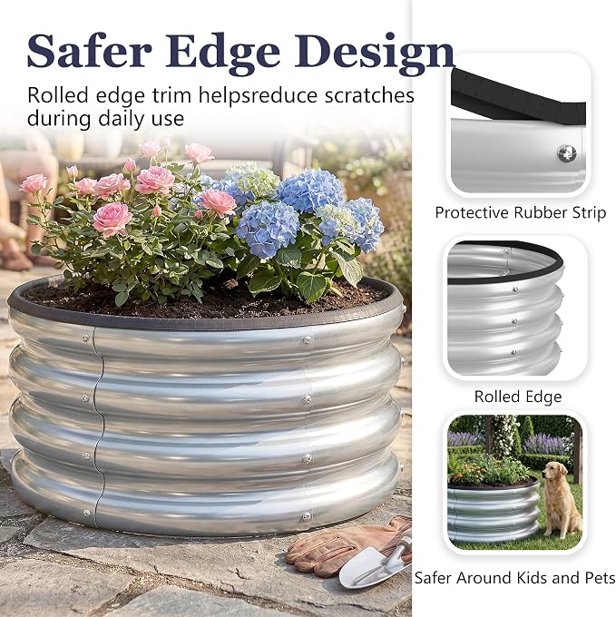 2 x 2 x 1 ft Round Raised Garden Bed, Silver 1 Pack 0.6 mm Thick Galvanized Steel Planter Box with Double Layer Paint and Safety Edge Trim for Vegetables Flowers Herbs Outdoor Garden