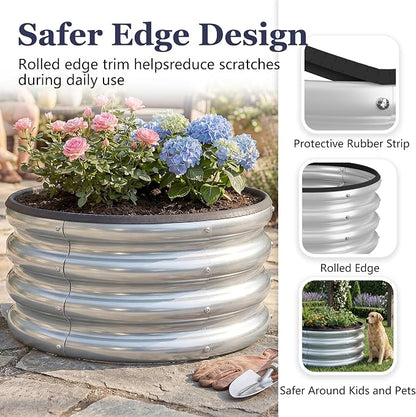2 x 2 x 1 ft Round Raised Garden Bed, Silver 1 Pack 0.6 mm Thick Galvanized Steel Planter Box with Double Layer Paint and Safety Edge Trim for Vegetables Flowers Herbs Outdoor Garden