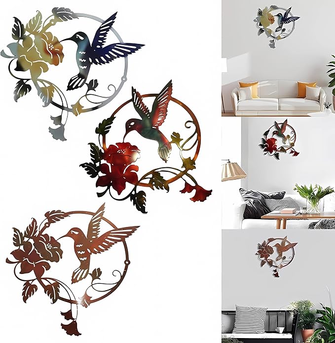 Zoihet Round Metal Bird Wall Art Decor - Hummingbird Wall Art Silhouette for your patio, garden, and fence Art Decor, Bird Wall Silhouette Indoor and Outdoor Hanging (Red)