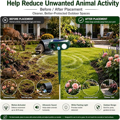 4Pcs Sonic Fortress Pro Deer Repellent Device,Solar Animal Repeller Outdoor | Motion Activated Cat Deterrent Racoon Squirrel Fortress Pro with Strobe Light,USB Charging Skunk Repellent for Yard Garden