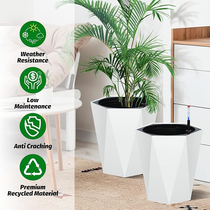 IDEALHOUSE 16" Tall Planters, Self-Watering Planters with Water Level Monitor and Drainage Hole, Large Outdoor Planters for Living Room, Bedroom Office, Patio, Porch, Garden, Set of 2