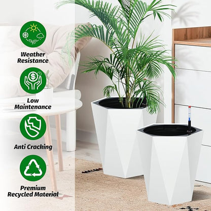 IDEALHOUSE 16" Tall Planters, Self-Watering Planters with Water Level Monitor and Drainage Hole, Large Outdoor Planters for Living Room, Bedroom Office, Patio, Porch, Garden, Set of 2