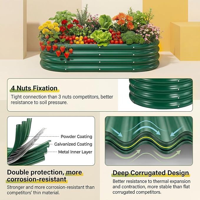 Land Guard 2 Pcs 6ft Metal Raised Garden Bed, 6 x 3 x 1 Galvanized Planter Raised Beds for Vegetables, Green