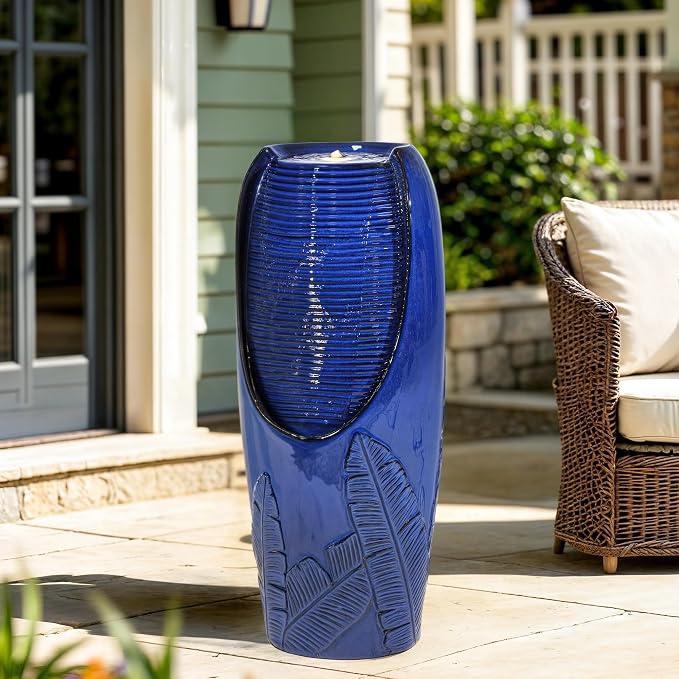 Autodaya 33" Outdoor Fountain with LED Lights, Rich Blue Glaze Ceramic Jar | Decorative Water Fountian with Tropical Leaf Texture, Soothing Water Flow, relaxing focal point for Patio Yard Porch oasis