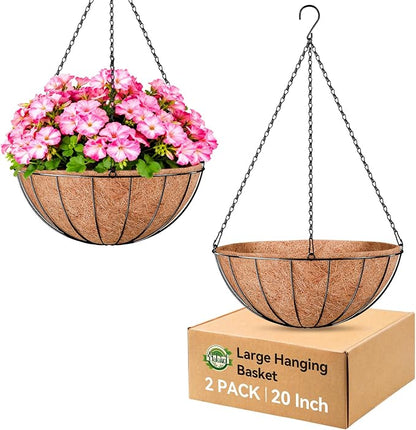 Halatool 20 Inch Large Hanging Baskets Planters for Outdoor Plants, 2 Pack | Metal Outdoor Hanging Baskets with Coco Liner, Round Hanging Flower Pot for Plants Flowers Garden Decorations