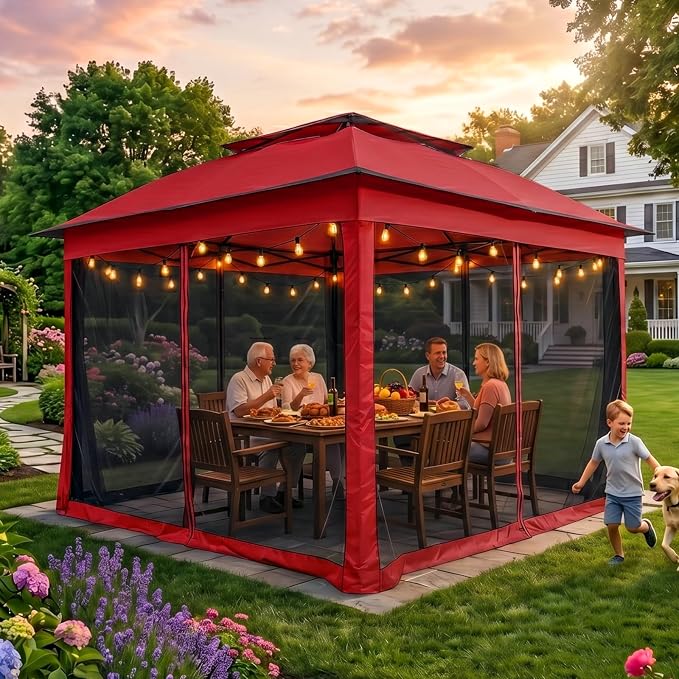COOS BAY 11x11 Pop Up Gazebo with Mesh Netting, Instant Outdoor Canopy Tent, Water Resistant Shelter with UPF 50+ UV Protection, 121 Sq Ft Coverage, Red